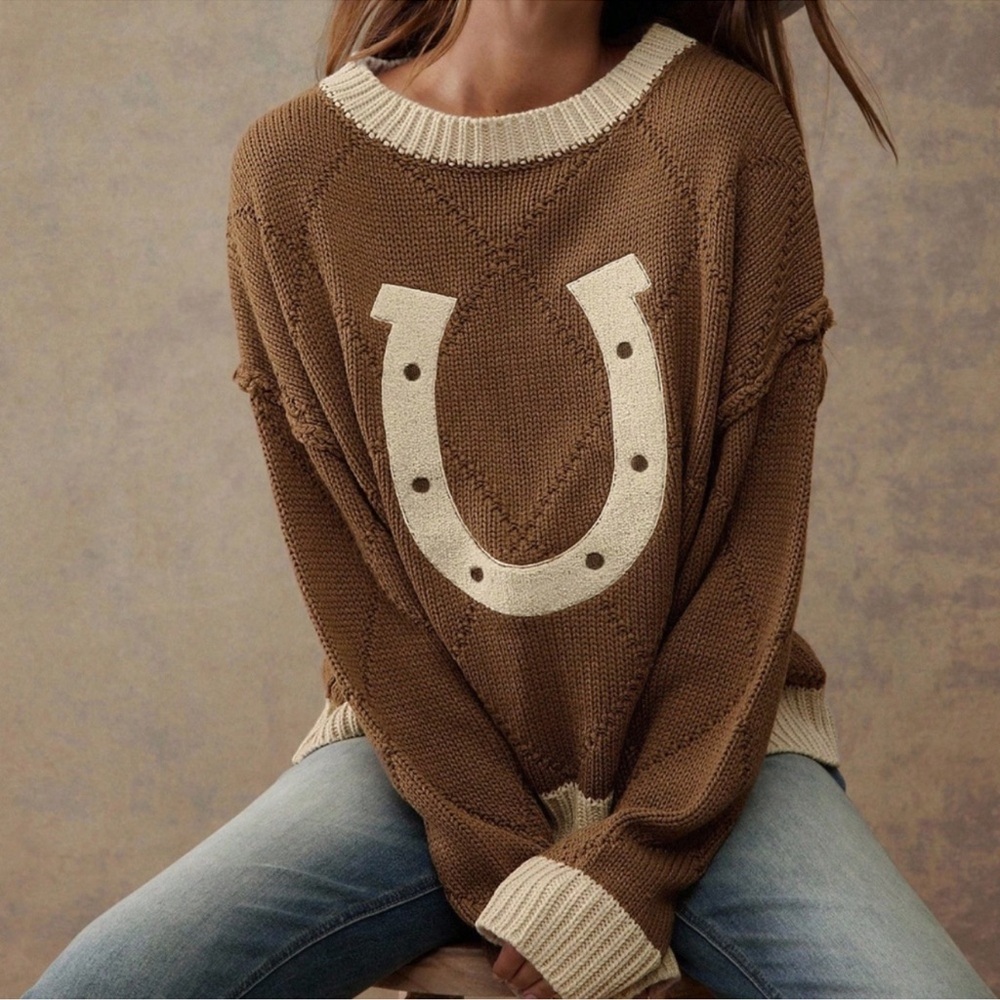 Western Bohemian Color Block Horseshoe Loose Fit Sweater XS S M L XL